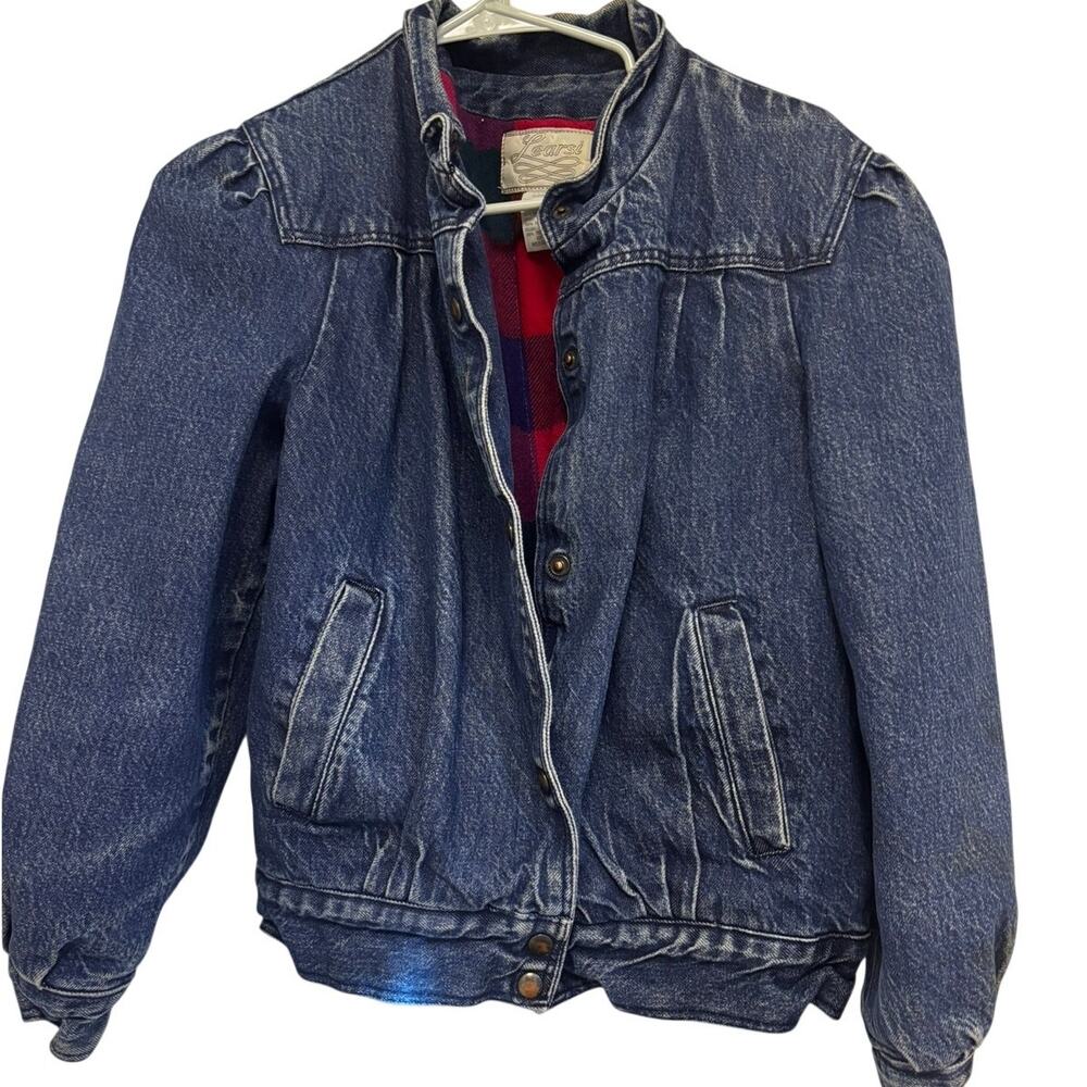 Vintage Learsi Denim Bomber Jacket 80s 90s Plaid Lined Cropped Elastic Waist